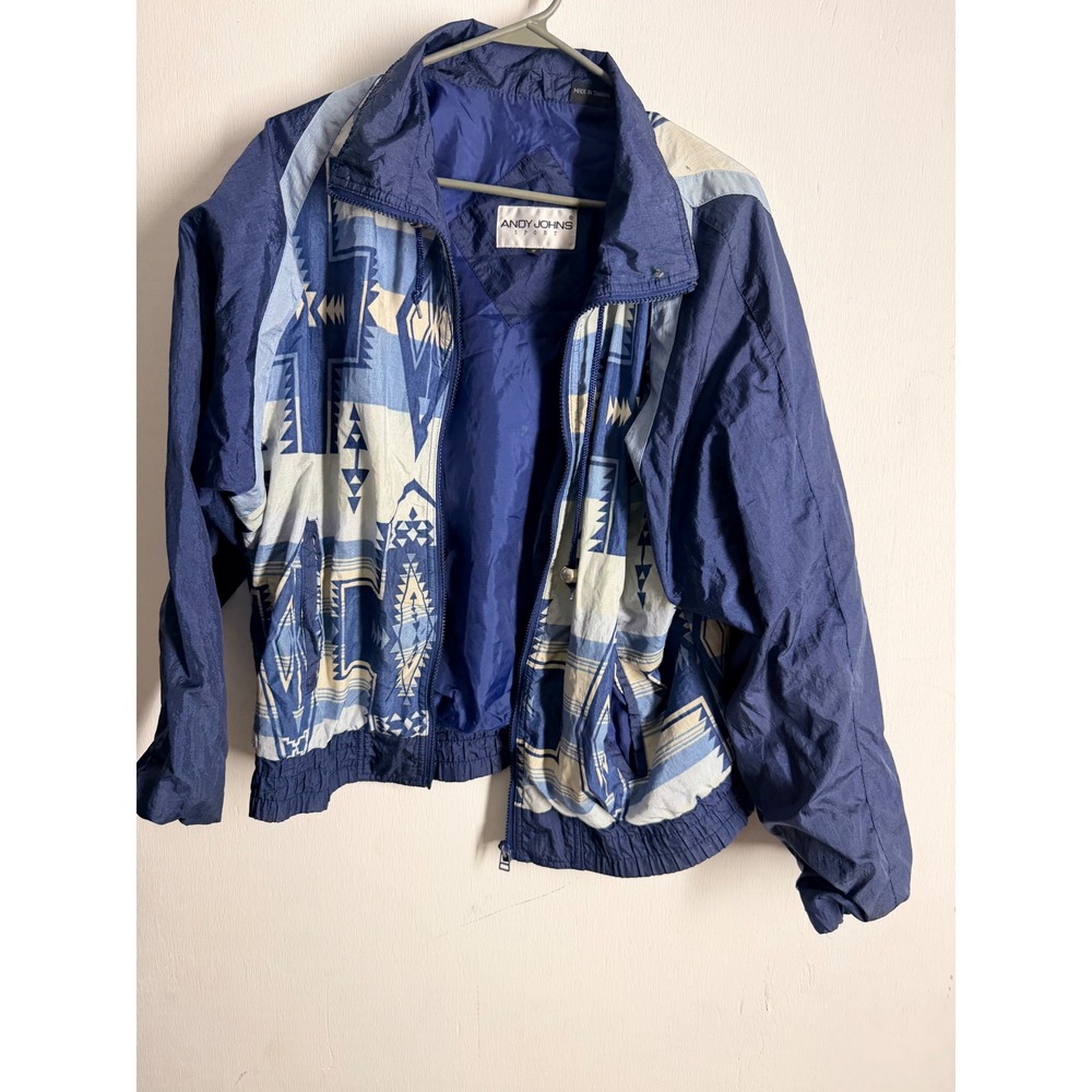 Vintage Andy Johns Sport Blue Southwestern Geometric Nylon Windbreaker Jacket S